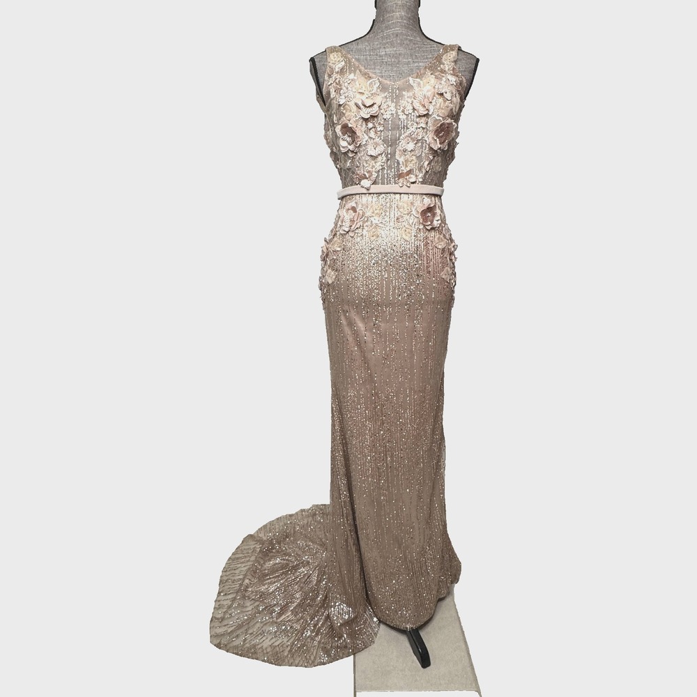 Portia & Scarlett Gown‎ Womens 0 Rose Gold Sequin Floral Applique Mermaid Train